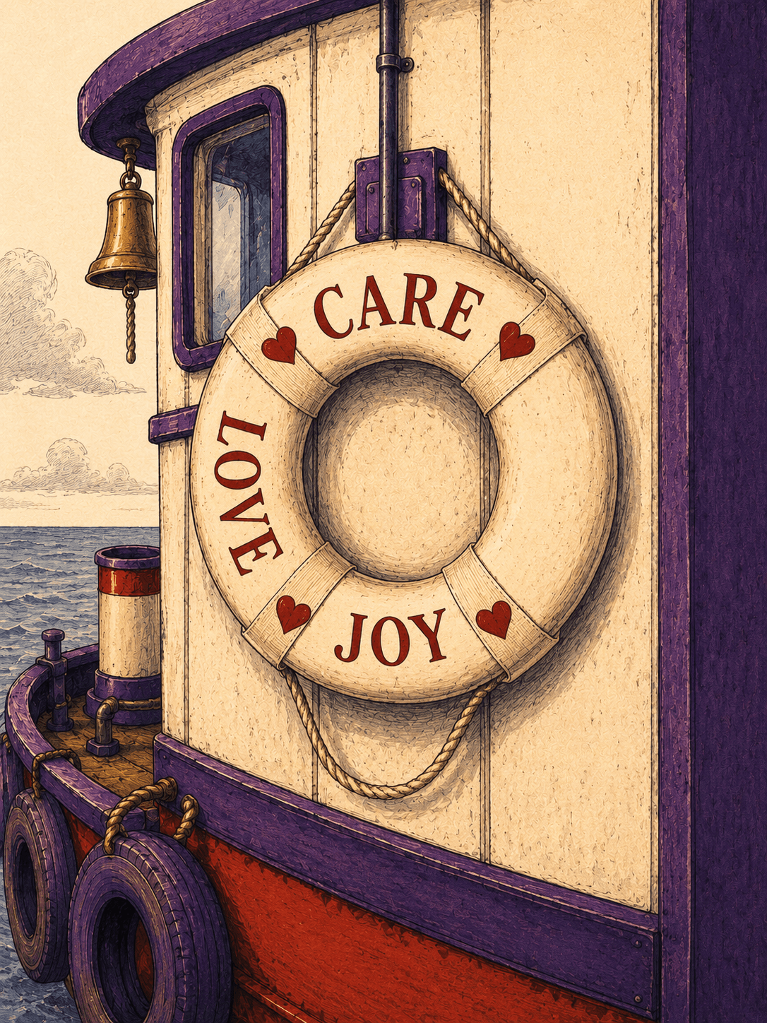 A Tugboat life ring inscribed with Care, Love, and Joy