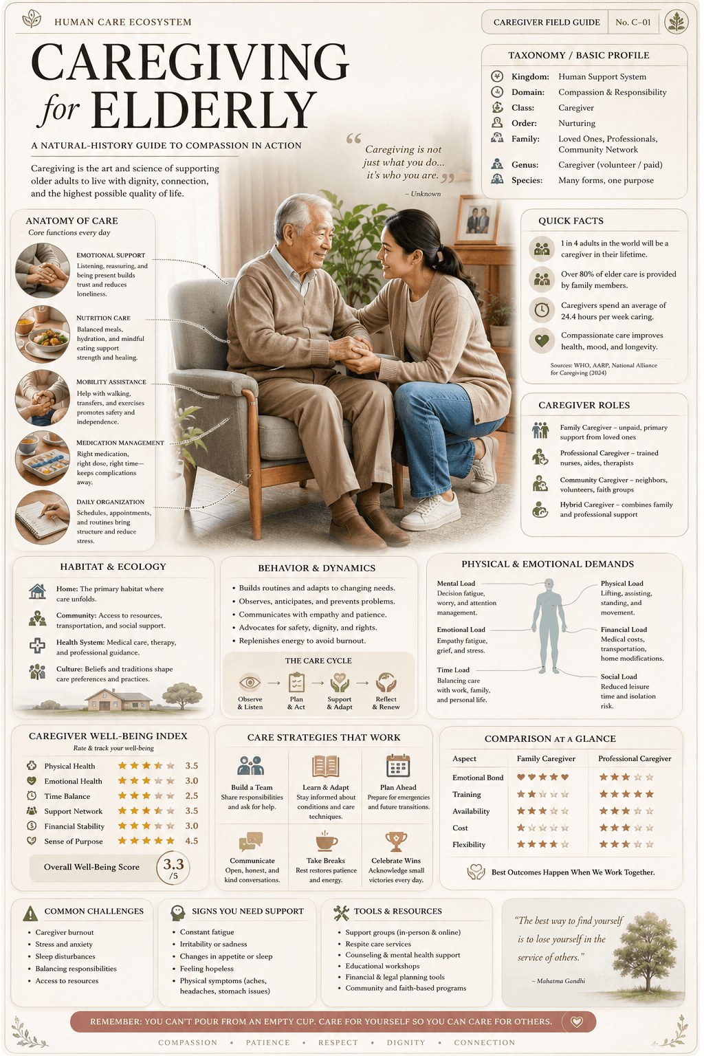 Caregiver Field Guide No. C-01, Caregiving for Elderly. A natural-history-style visual reference covering anatomy of care (emotional support, nutrition, mobility, medication, daily organization), habitat & ecology, behavior & dynamics, physical & emotional demands of caregiving, the caregiver well-being index, care strategies, common challenges, and tools & resources. Sources are WHO, AARP, National Alliance for Caregiving (2024).