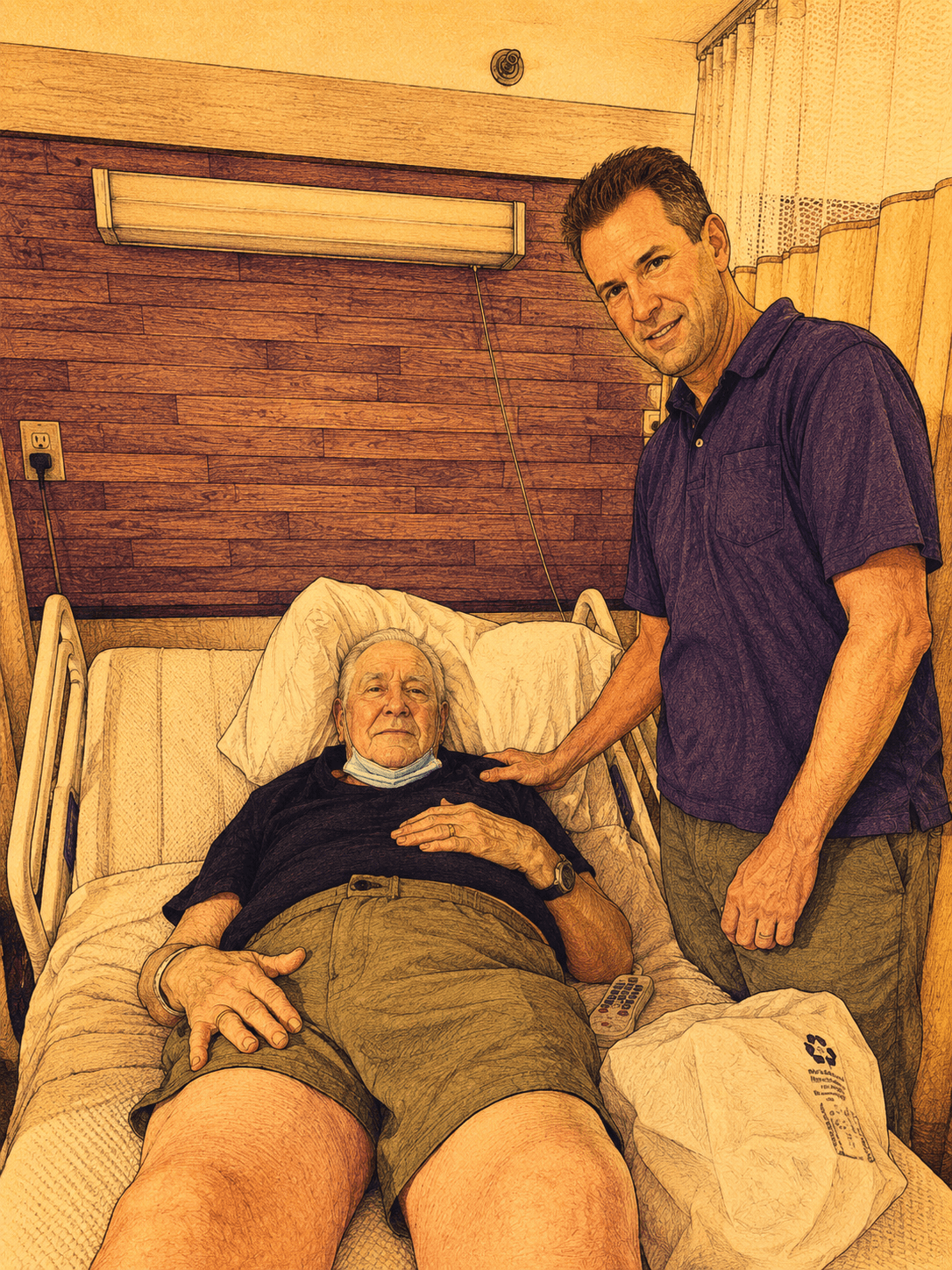 An illustrated portrait of John standing beside his father, who is resting in a hospital bed. Warm cross-hatched style.