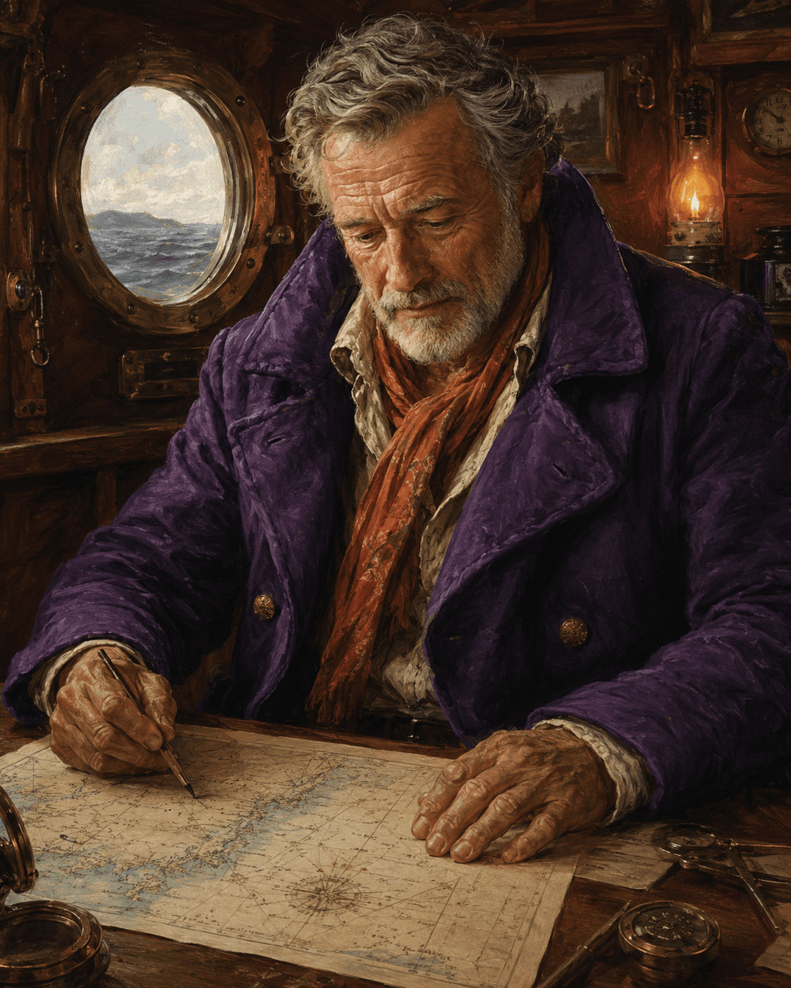 The Navigator, a digital employee at Tugboat Caregiving — an older man at a table in a tugboat studying a nautical chart.