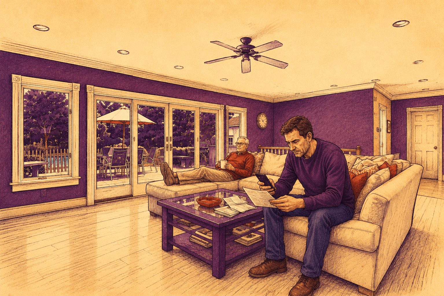 A caregiver researching on his phone in the family room while his father sits nearby with a coffee.